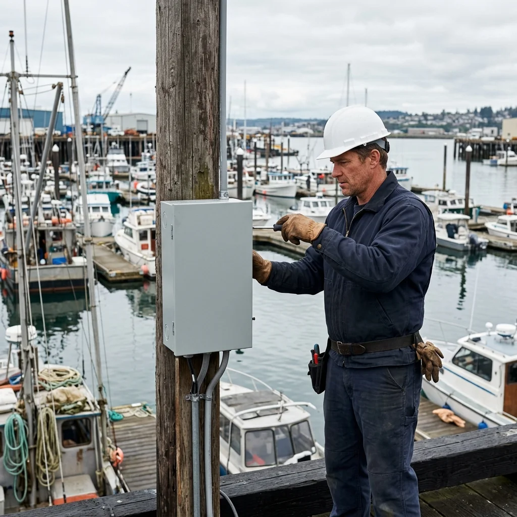 Electricista apretando una caja gris totalmente hermética IP65 contra el ambiente lluvioso y pesquero del puerto de Santurtzi